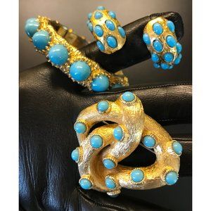 exquisite Vintage Kenneth lane turquoise and gold brooch, bracelet and earrings.